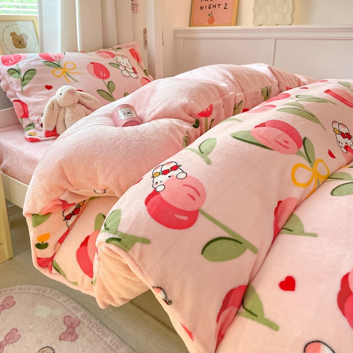 91家纺网 家纺一手货源 找家纺 寻米 2025新款高克重加厚保暖牛奶绒学生宿舍单床笠单件床笠系列二 野见花兔