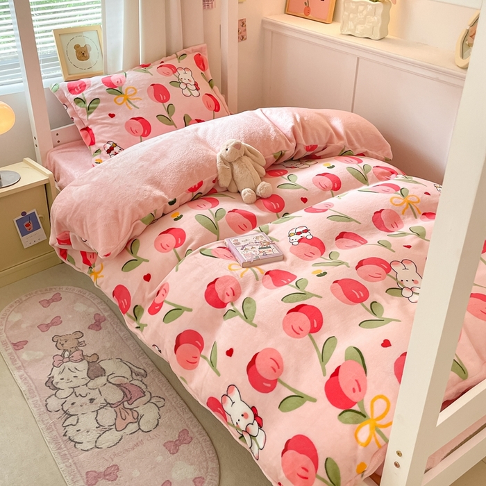 91家纺网 家纺一手货源 找家纺 寻米 2025新款高克重加厚保暖牛奶绒学生宿舍单床笠单件床笠系列二 野见花兔