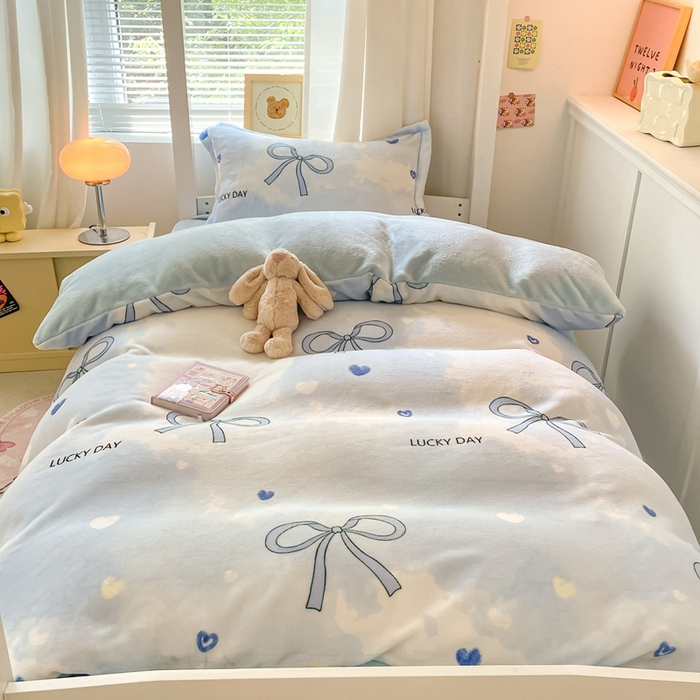 91家纺网 家纺一手货源 找家纺 寻米 2025新款高克重加厚保暖牛奶绒学生宿舍单床笠单件床笠系列二 梦幻蝴蝶结