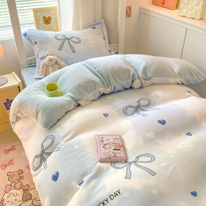 91家纺网 家纺一手货源 找家纺 寻米 2025新款高克重加厚保暖牛奶绒学生宿舍单床笠单件床笠系列二 梦幻蝴蝶结