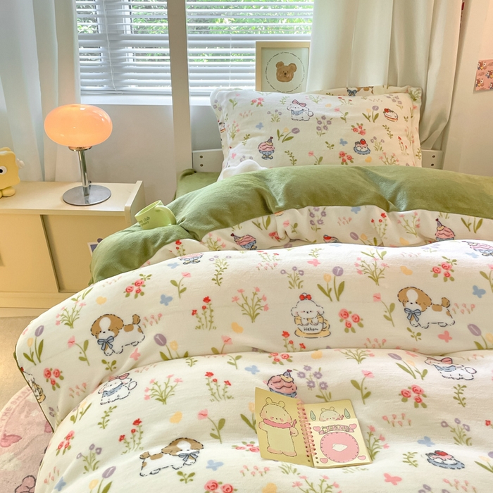91家纺网 家纺一手货源 找家纺 寻米 2025新款高克重加厚保暖牛奶绒学生宿舍单床笠单件床笠系列二 小狗茶园-绿
