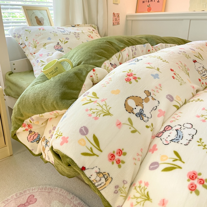 91家纺网 家纺一手货源 找家纺 寻米 2025新款高克重加厚保暖牛奶绒学生宿舍单床笠单件床笠系列二 小狗茶园-绿