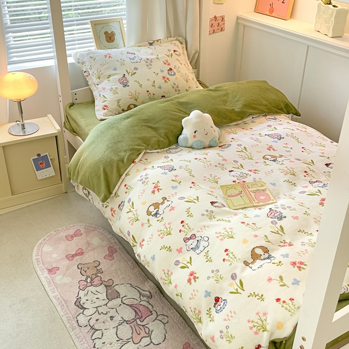 91家纺网 家纺一手货源 找家纺 寻米 2025新款高克重加厚保暖牛奶绒学生宿舍单床笠单件床笠系列二 小狗茶园-绿