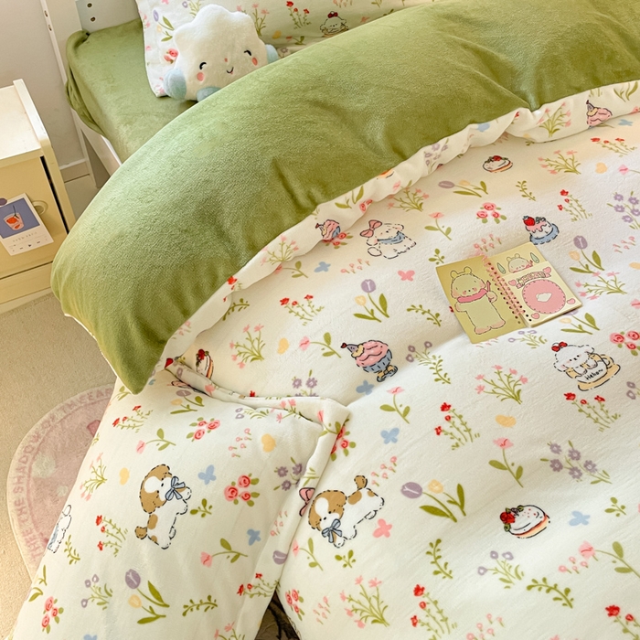 91家纺网 家纺一手货源 找家纺 寻米 2025新款高克重加厚保暖牛奶绒学生宿舍单床笠单件床笠系列二 小狗茶园-绿
