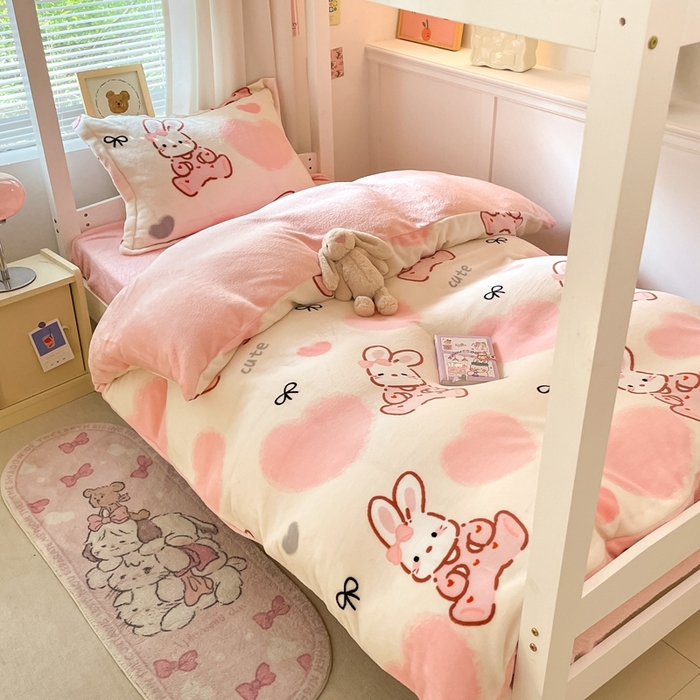 91家纺网 家纺一手货源 找家纺 寻米 2025新款高克重加厚保暖牛奶绒学生宿舍单床笠单件床笠系列二 好眠兔兔