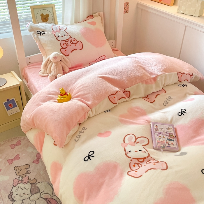 91家纺网 家纺一手货源 找家纺 寻米 2025新款高克重加厚保暖牛奶绒学生宿舍单床笠单件床笠系列二 好眠兔兔