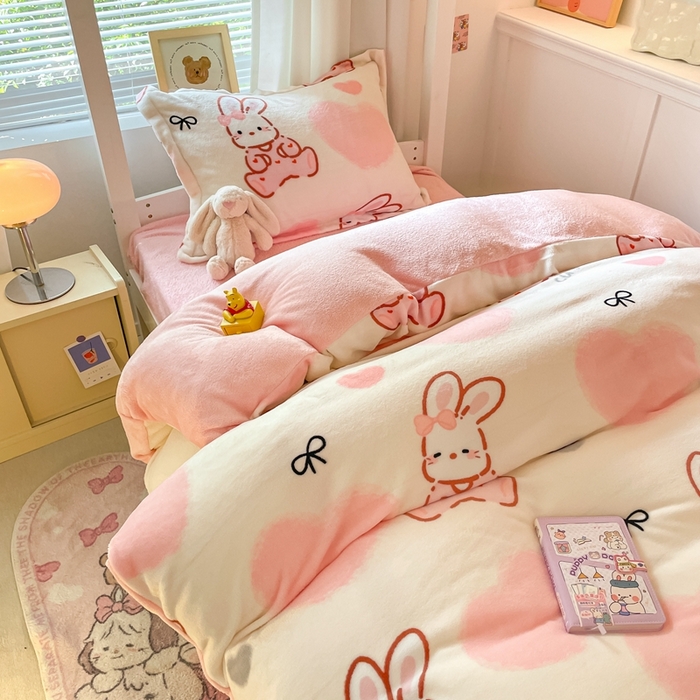 91家纺网 家纺一手货源 找家纺 寻米 2025新款高克重加厚保暖牛奶绒学生宿舍单床笠单件床笠系列二 好眠兔兔