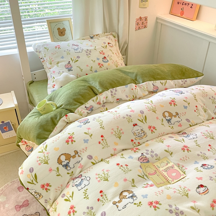 91家纺网 家纺一手货源 找家纺 寻米 2025新款高克重加厚保暖牛奶绒学生宿舍单床笠单件床笠系列二 小狗茶园-绿