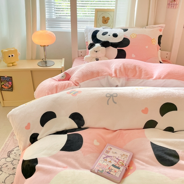 91家纺网 家纺一手货源 找家纺 寻米 2025新款高克重加厚保暖牛奶绒学生宿舍单床笠单件床笠系列二 熊猫桃桃