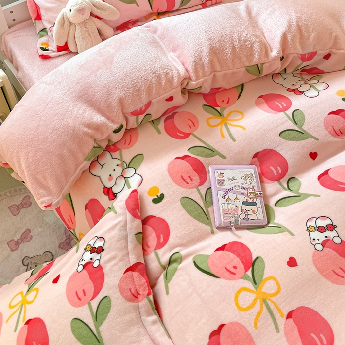 91家纺网 家纺一手货源 找家纺 寻米 2025新款高克重加厚保暖牛奶绒学生宿舍单床笠单件床笠系列二 野见花兔