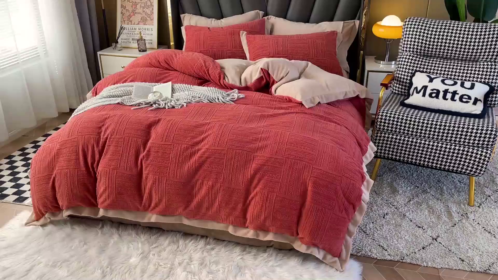 91家纺网 家纺一手货源 找家纺 梵克保罗 2025秋冬新款全消光拼角雕花绒牛奶绒四件套 典雅-奶油橙