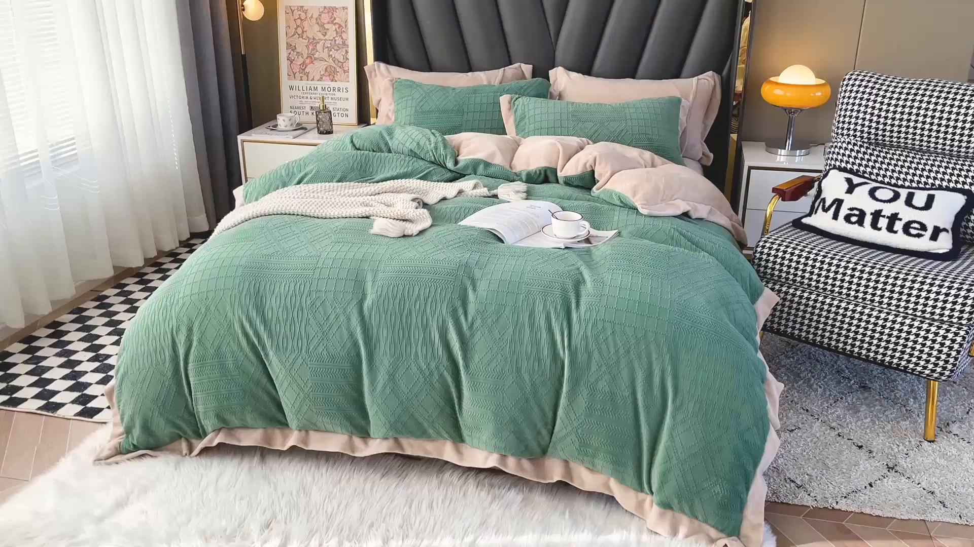 91家纺网 家纺一手货源 找家纺 梵克保罗 2025秋冬新款全消光拼角雕花绒牛奶绒四件套 安娜-抹绿