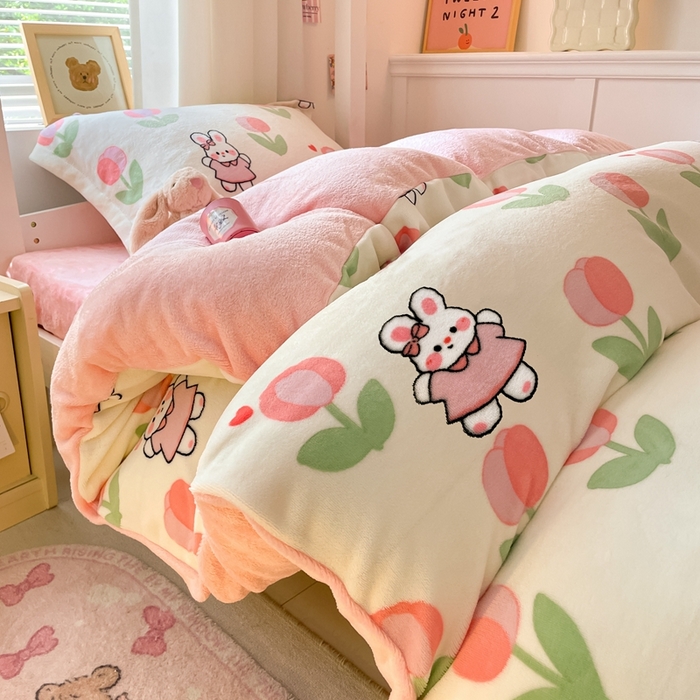 91家纺网 家纺一手货源 找家纺 寻米 2025新款高克重加厚保暖牛奶绒学生宿舍单床笠单件床笠系列二 郁香小兔