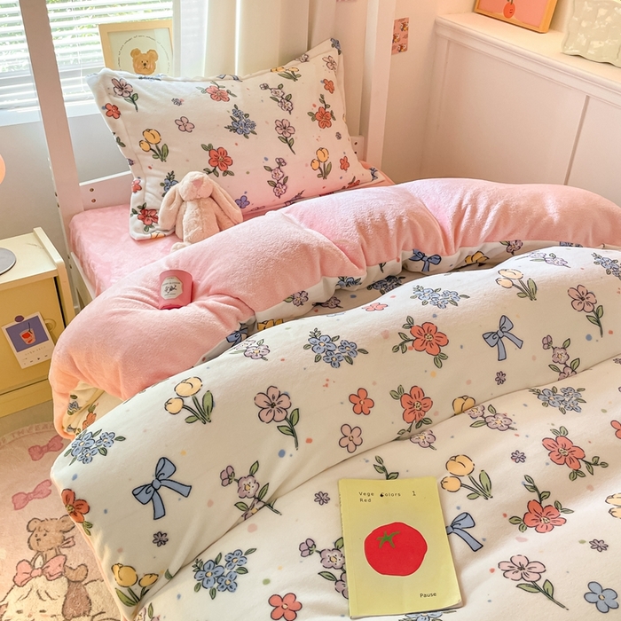 91家纺网 家纺一手货源 找家纺 寻米 2025新款高克重加厚保暖牛奶绒学生宿舍单床笠单件床笠系列二 花田结语-粉