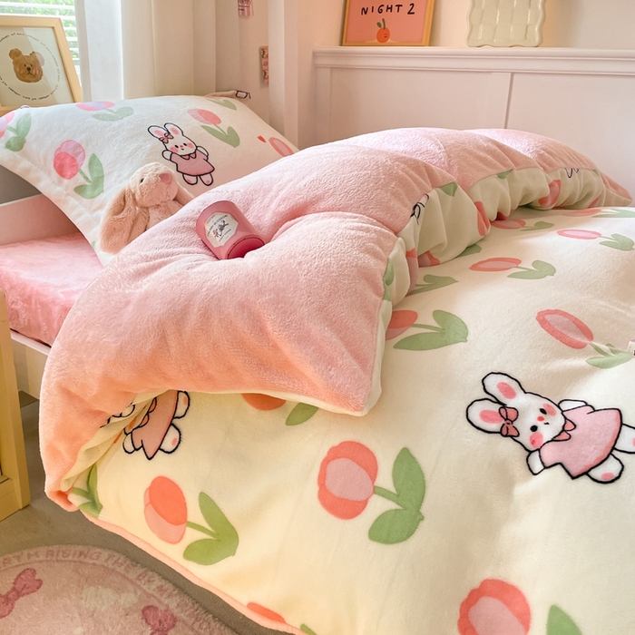 91家纺网 家纺一手货源 找家纺 寻米 2025新款高克重加厚保暖牛奶绒学生宿舍单床笠单件床笠系列二 郁香小兔