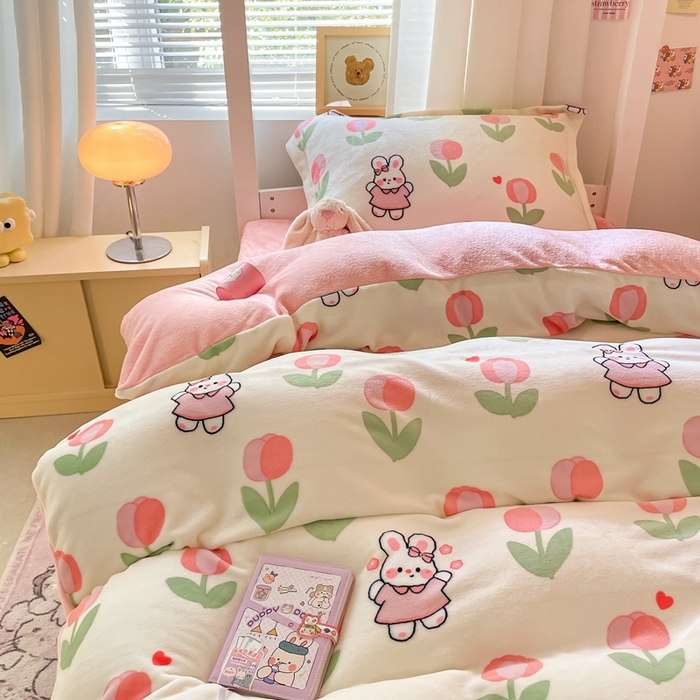 91家纺网 家纺一手货源 找家纺 寻米 2025新款高克重加厚保暖牛奶绒学生宿舍单床笠单件床笠系列二 郁香小兔