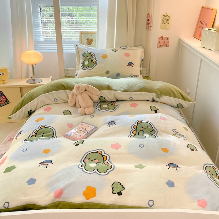 91家纺网 家纺一手货源 找家纺 寻米 2025新款高克重加厚保暖牛奶绒学生宿舍单床笠单件床笠系列二 恐龙星球