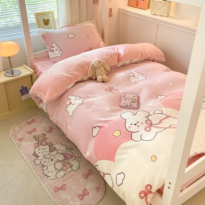 91家纺网 家纺一手货源 找家纺 寻米 2025新款高克重加厚保暖牛奶绒学生宿舍单床笠单件床笠系列二 云朵小兔