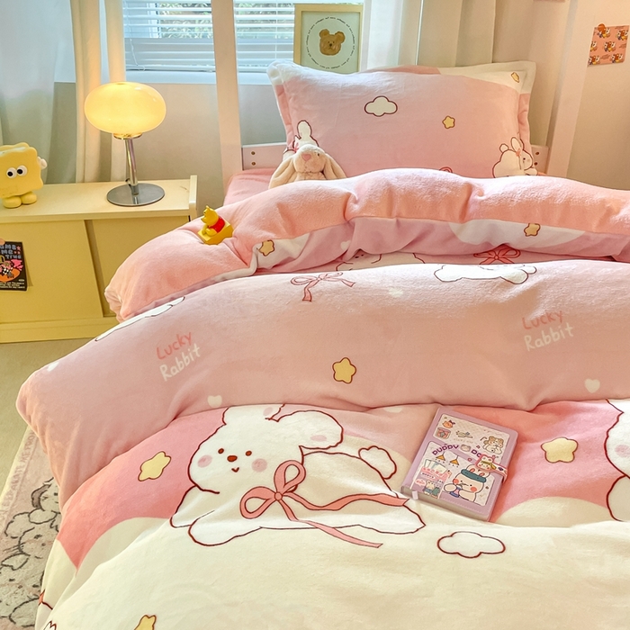 91家纺网 家纺一手货源 找家纺 寻米 2025新款高克重加厚保暖牛奶绒学生宿舍单床笠单件床笠系列二 云朵小兔