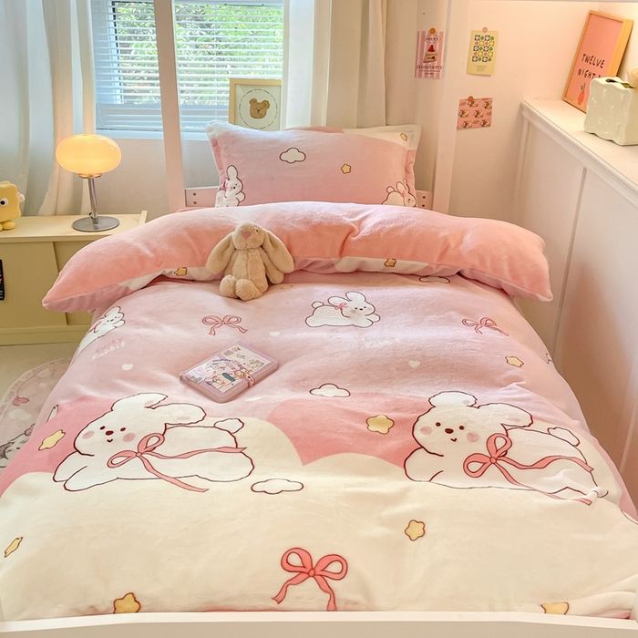 91家纺网 家纺一手货源 找家纺 寻米 2025新款高克重加厚保暖牛奶绒学生宿舍单床笠单件床笠系列二 云朵小兔