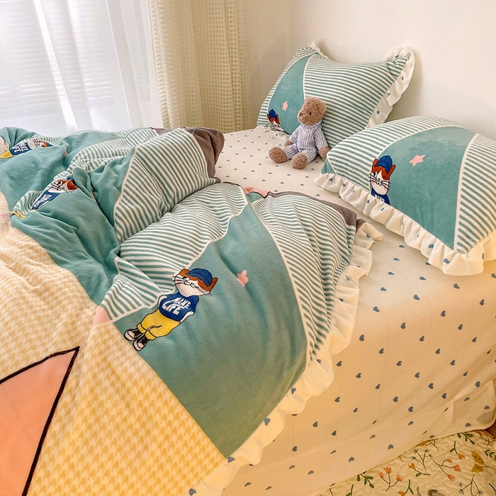 91家纺网 家纺一手货源 找家纺 梵克保罗 2025秋冬新品韩版印花牛奶绒花边款四件套 布兰妮