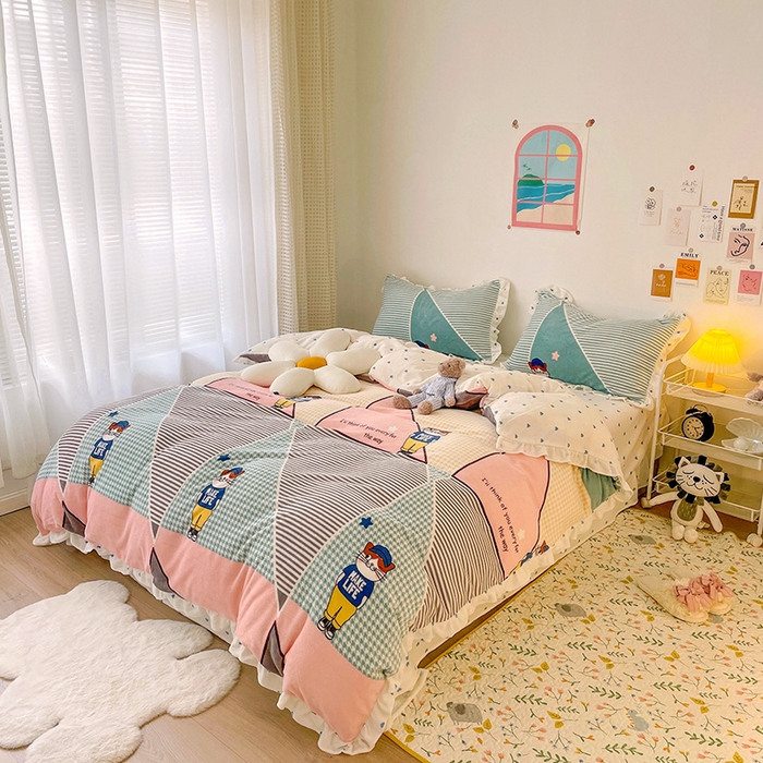 91家纺网 家纺一手货源 找家纺 梵克保罗 2025秋冬新品韩版印花牛奶绒花边款四件套 布兰妮