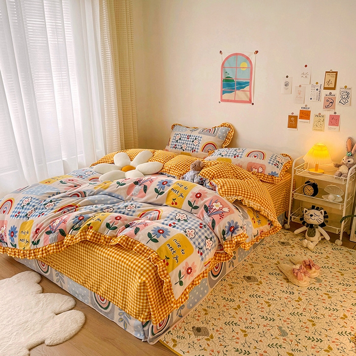 91家纺网 家纺一手货源 找家纺 梵克保罗 2025秋冬新品韩版印花牛奶绒花边款四件套 彩虹乐园