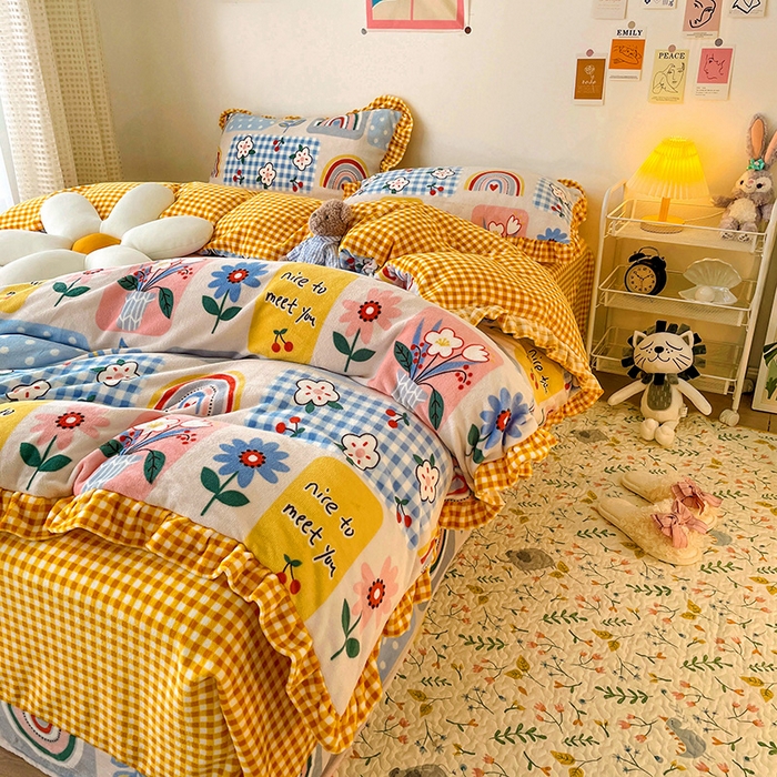 91家纺网 家纺一手货源 找家纺 梵克保罗 2025秋冬新品韩版印花牛奶绒花边款四件套 彩虹乐园