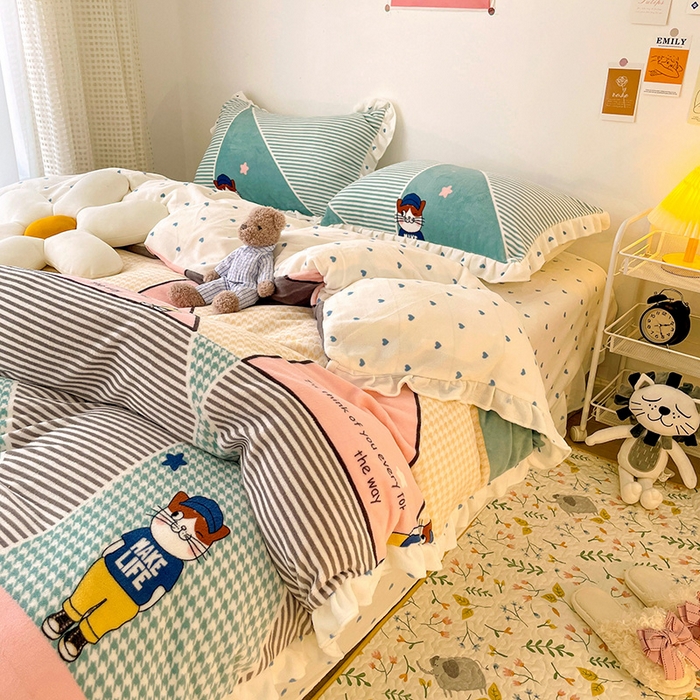 91家纺网 家纺一手货源 找家纺 梵克保罗 2025秋冬新品韩版印花牛奶绒花边款四件套 布兰妮