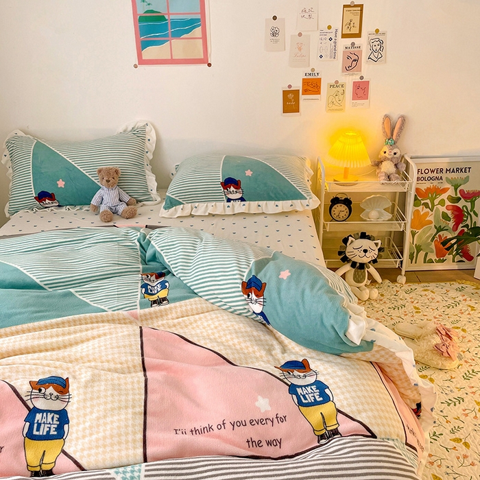 91家纺网 家纺一手货源 找家纺 梵克保罗 2025秋冬新品韩版印花牛奶绒花边款四件套 布兰妮