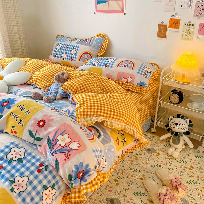 91家纺网 家纺一手货源 找家纺 梵克保罗 2025秋冬新品韩版印花牛奶绒花边款四件套 彩虹乐园