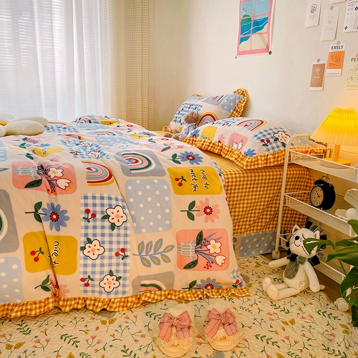 91家纺网 家纺一手货源 找家纺 梵克保罗 2025秋冬新品韩版印花牛奶绒花边款四件套 彩虹乐园