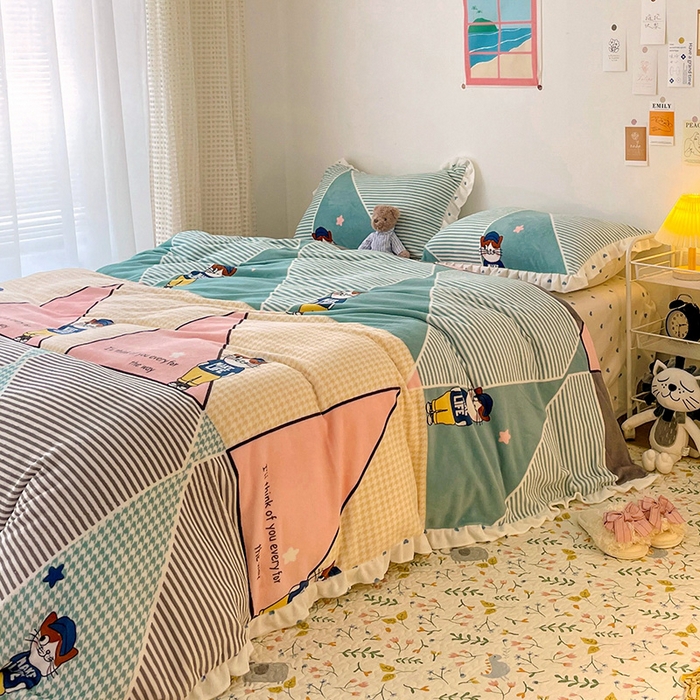 91家纺网 家纺一手货源 找家纺 梵克保罗 2025秋冬新品韩版印花牛奶绒花边款四件套 布兰妮