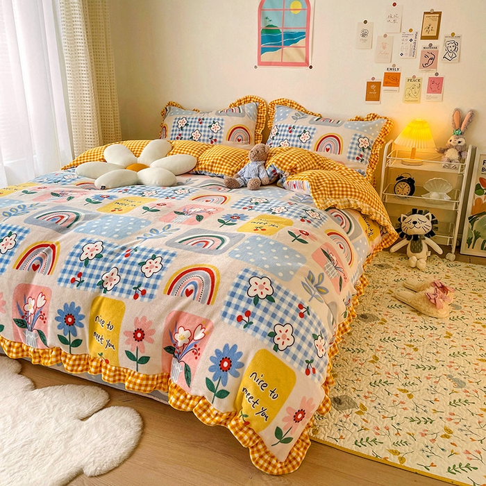 91家纺网 家纺一手货源 找家纺 梵克保罗 2025秋冬新品韩版印花牛奶绒花边款四件套 彩虹乐园