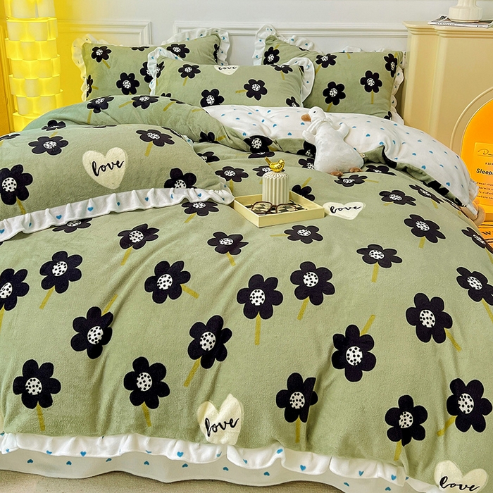 91家纺网 家纺一手货源 找家纺 梵克保罗 2025秋冬新品韩版印花牛奶绒花边款四件套 莫奈