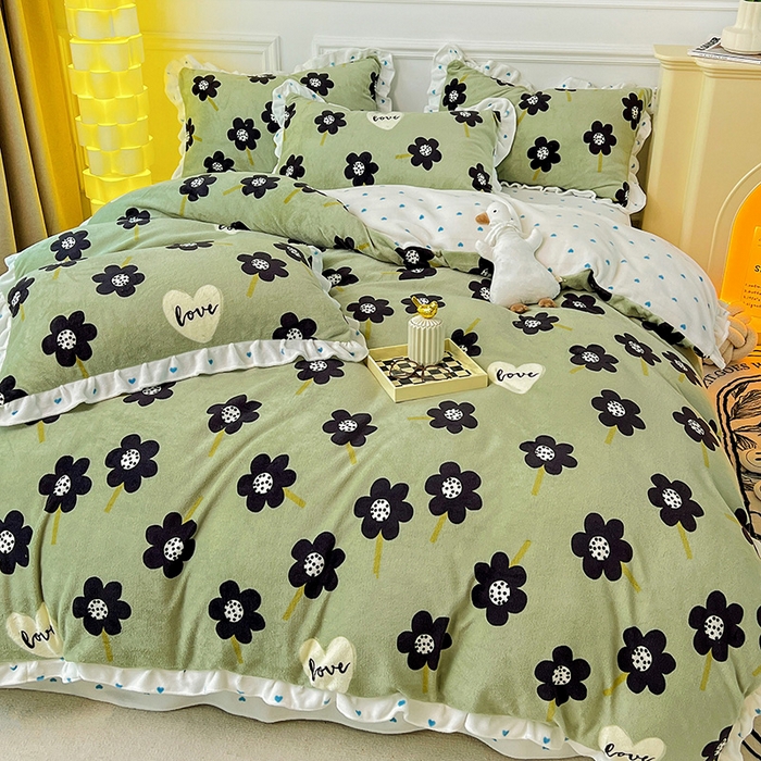 91家纺网 家纺一手货源 找家纺 梵克保罗 2025秋冬新品韩版印花牛奶绒花边款四件套 莫奈