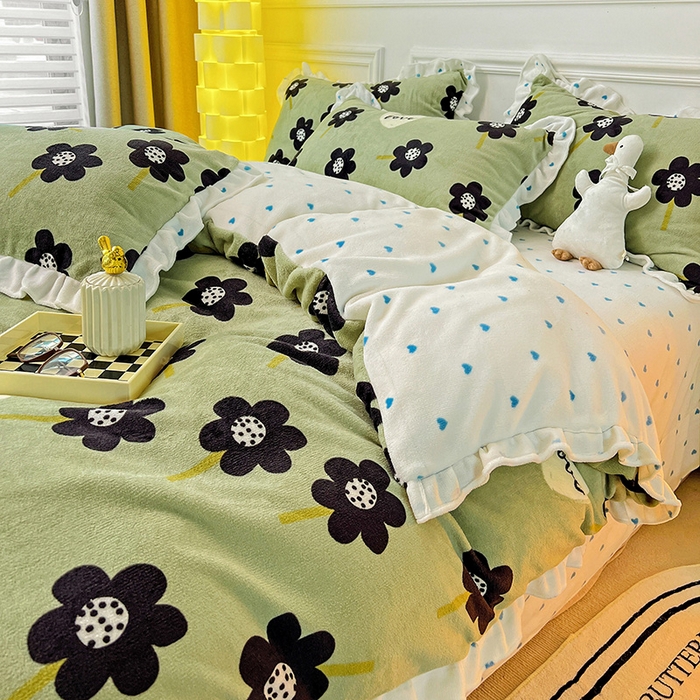 91家纺网 家纺一手货源 找家纺 梵克保罗 2025秋冬新品韩版印花牛奶绒花边款四件套 莫奈