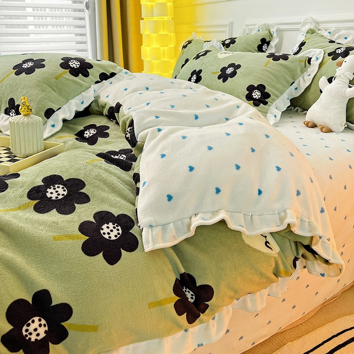 91家纺网 家纺一手货源 找家纺 梵克保罗 2025秋冬新品韩版印花牛奶绒花边款四件套 莫奈