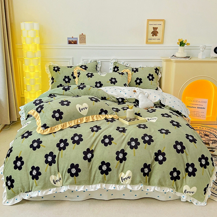 91家纺网 家纺一手货源 找家纺 梵克保罗 2025秋冬新品韩版印花牛奶绒花边款四件套 莫奈