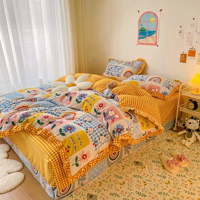 91家纺网 家纺一手货源 找家纺 梵克保罗 2025秋冬新品韩版印花牛奶绒花边款四件套 彩虹乐园