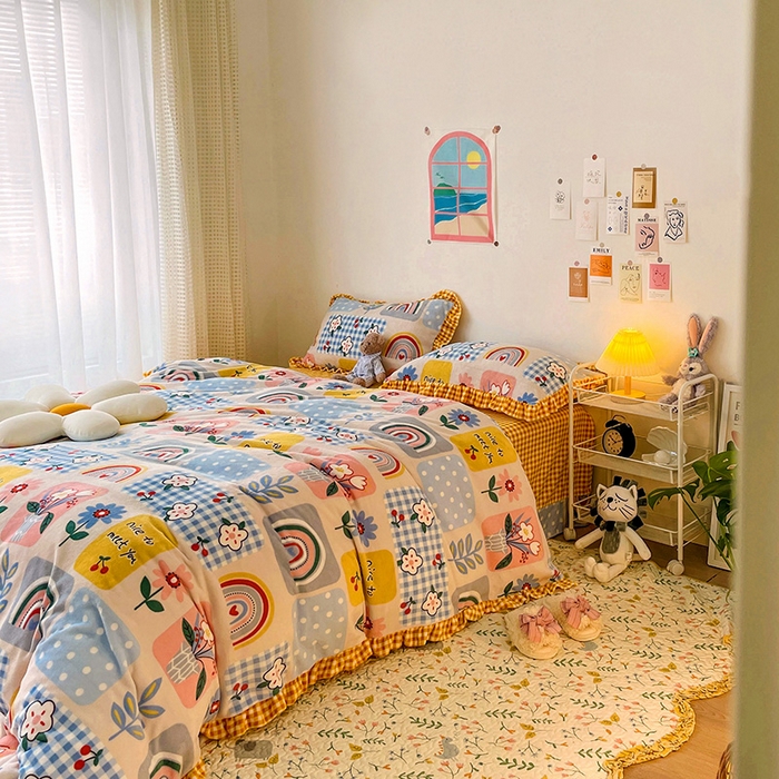 91家纺网 家纺一手货源 找家纺 梵克保罗 2025秋冬新品韩版印花牛奶绒花边款四件套 彩虹乐园