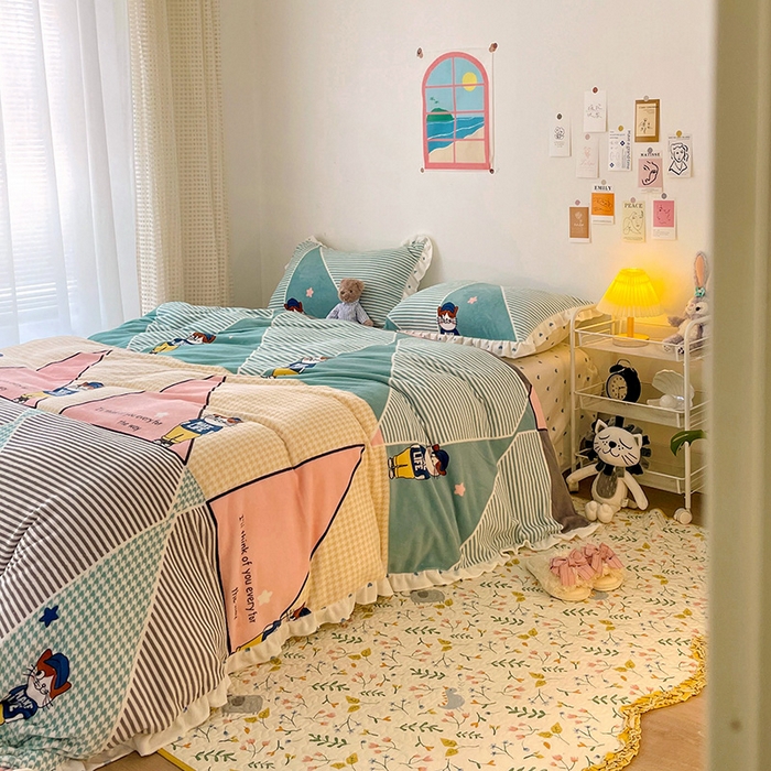 91家纺网 家纺一手货源 找家纺 梵克保罗 2025秋冬新品韩版印花牛奶绒花边款四件套 布兰妮