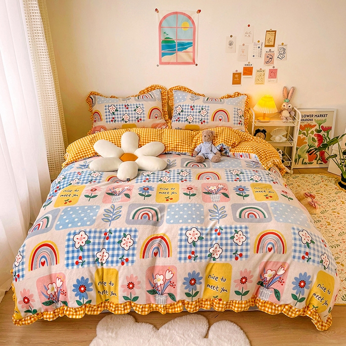 91家纺网 家纺一手货源 找家纺 梵克保罗 2025秋冬新品韩版印花牛奶绒花边款四件套 彩虹乐园