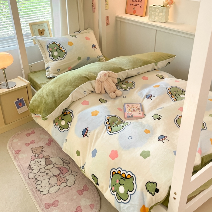 91家纺网 家纺一手货源 找家纺 寻米 2025新款高克重加厚保暖牛奶绒学生宿舍单床笠单件床笠系列二 恐龙星球