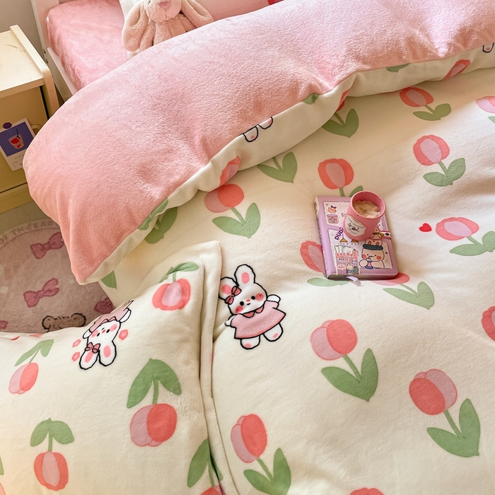 91家纺网 家纺一手货源 找家纺 寻米 2025新款高克重加厚保暖牛奶绒学生宿舍单床笠单件床笠系列二 郁香小兔