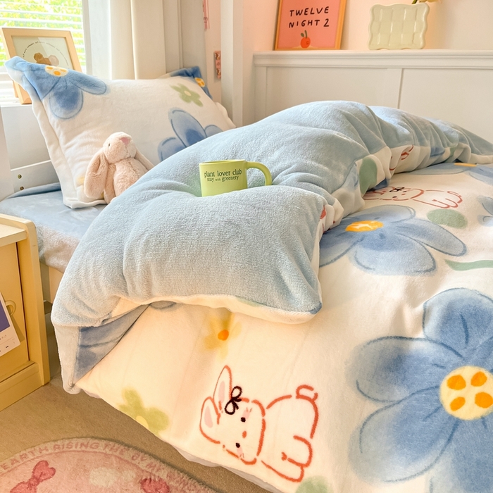 91家纺网 家纺一手货源 找家纺 寻米 2025新款高克重加厚保暖牛奶绒学生宿舍单床笠单件床笠系列二 绵意小兔