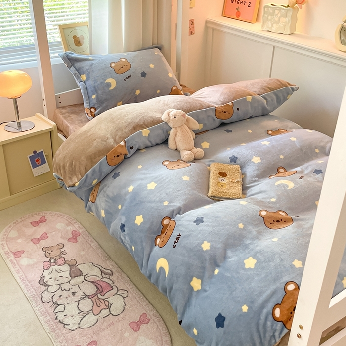 91家纺网 家纺一手货源 找家纺 寻米 2025新款高克重加厚保暖牛奶绒学生宿舍单床笠单件床笠系列二 晚安小熊-咖