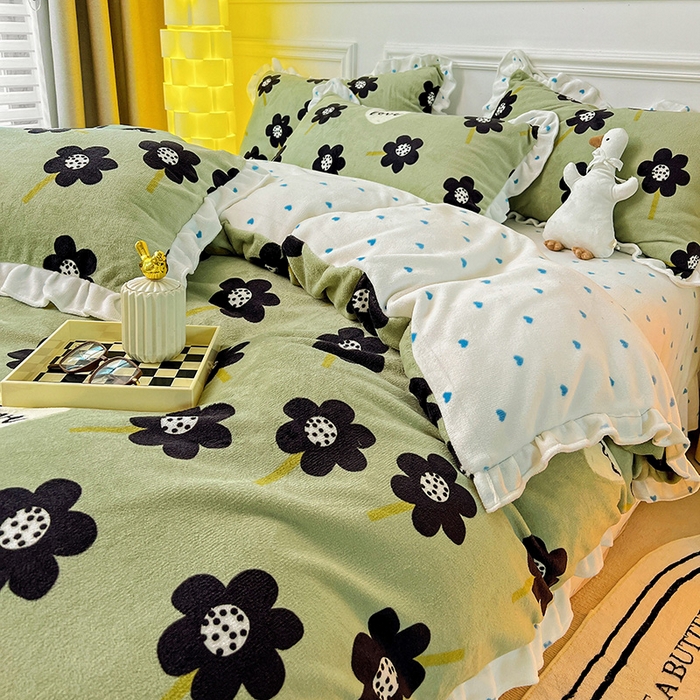 91家纺网 家纺一手货源 找家纺 梵克保罗 2025秋冬新品韩版印花牛奶绒花边款四件套 莫奈