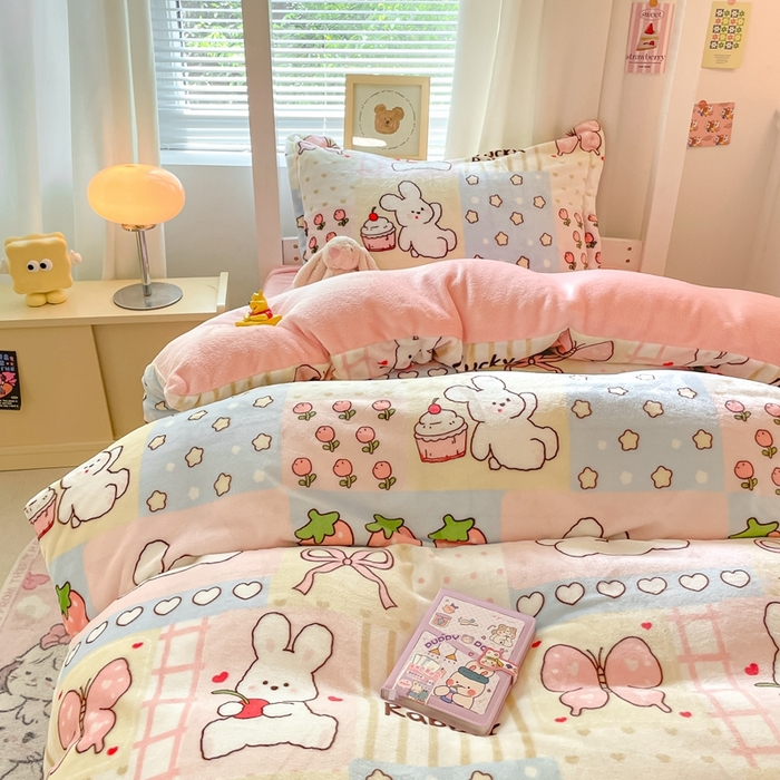 91家纺网 家纺一手货源 找家纺 寻米 2025新款高克重加厚保暖牛奶绒学生宿舍单床笠单件床笠系列二 幸运兔