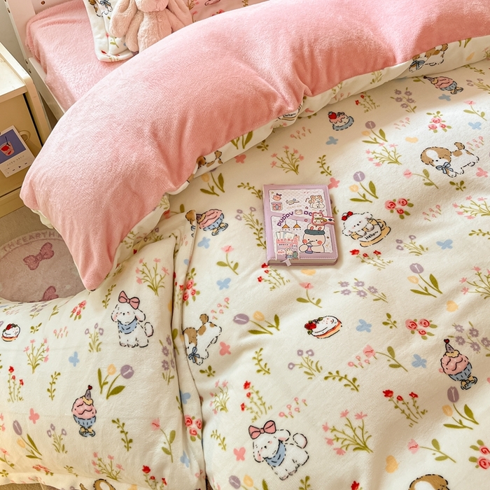 91家纺网 家纺一手货源 找家纺 寻米 2025新款高克重加厚保暖牛奶绒学生宿舍单床笠单件床笠系列二 小狗茶园-粉